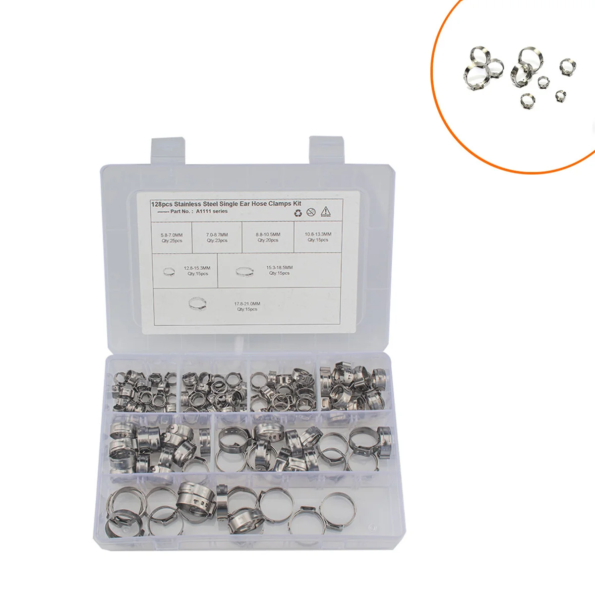 

Hot Pin - 128 Boxed Hose Connection Hoops of 7 Specifications, Stainless Steel Single Lug Endless Clamp