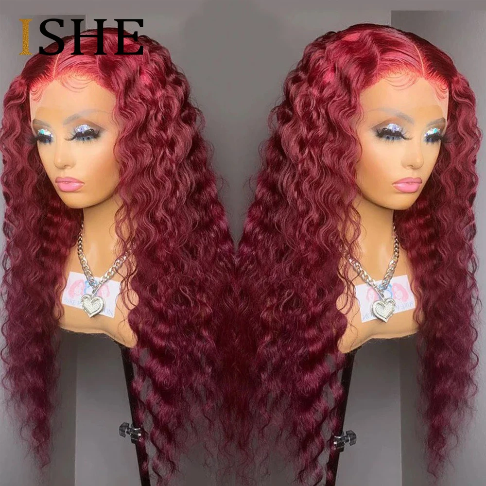 Парик из натуральных вьющихся волос 30 дюймов 99J красный бордовый прозрачный с