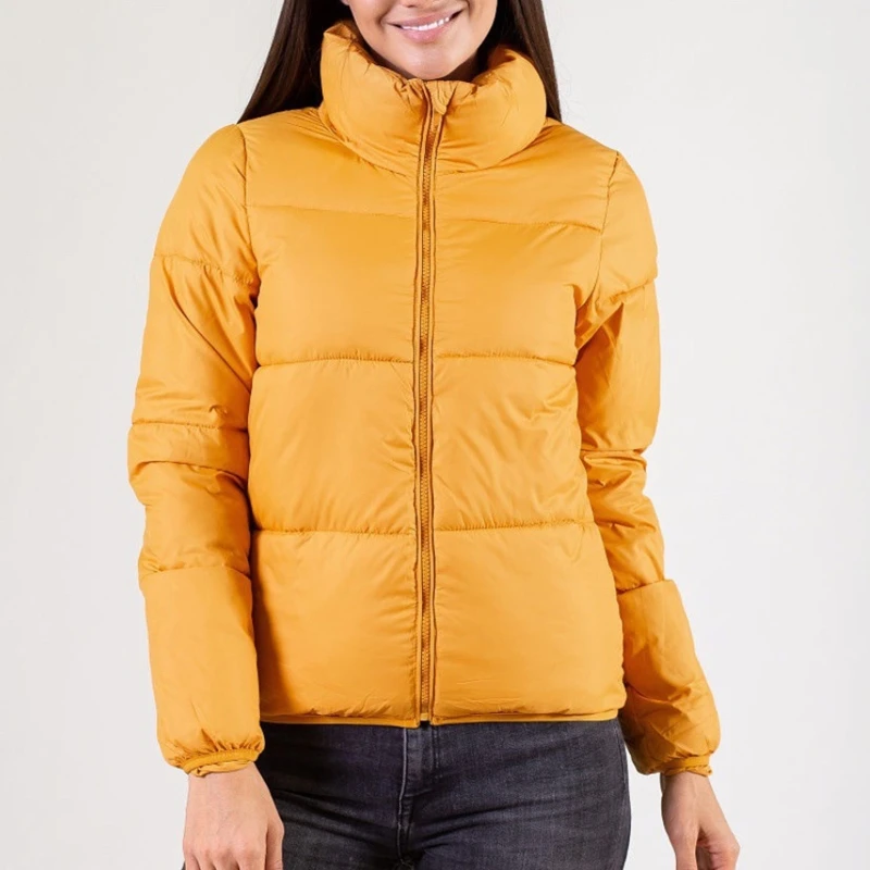 

Women Winter Long Sleeve Stand Collar Padded Short Jacket Zip Up Solid Color Puffer Parkas Coat Outerwear with Pockets