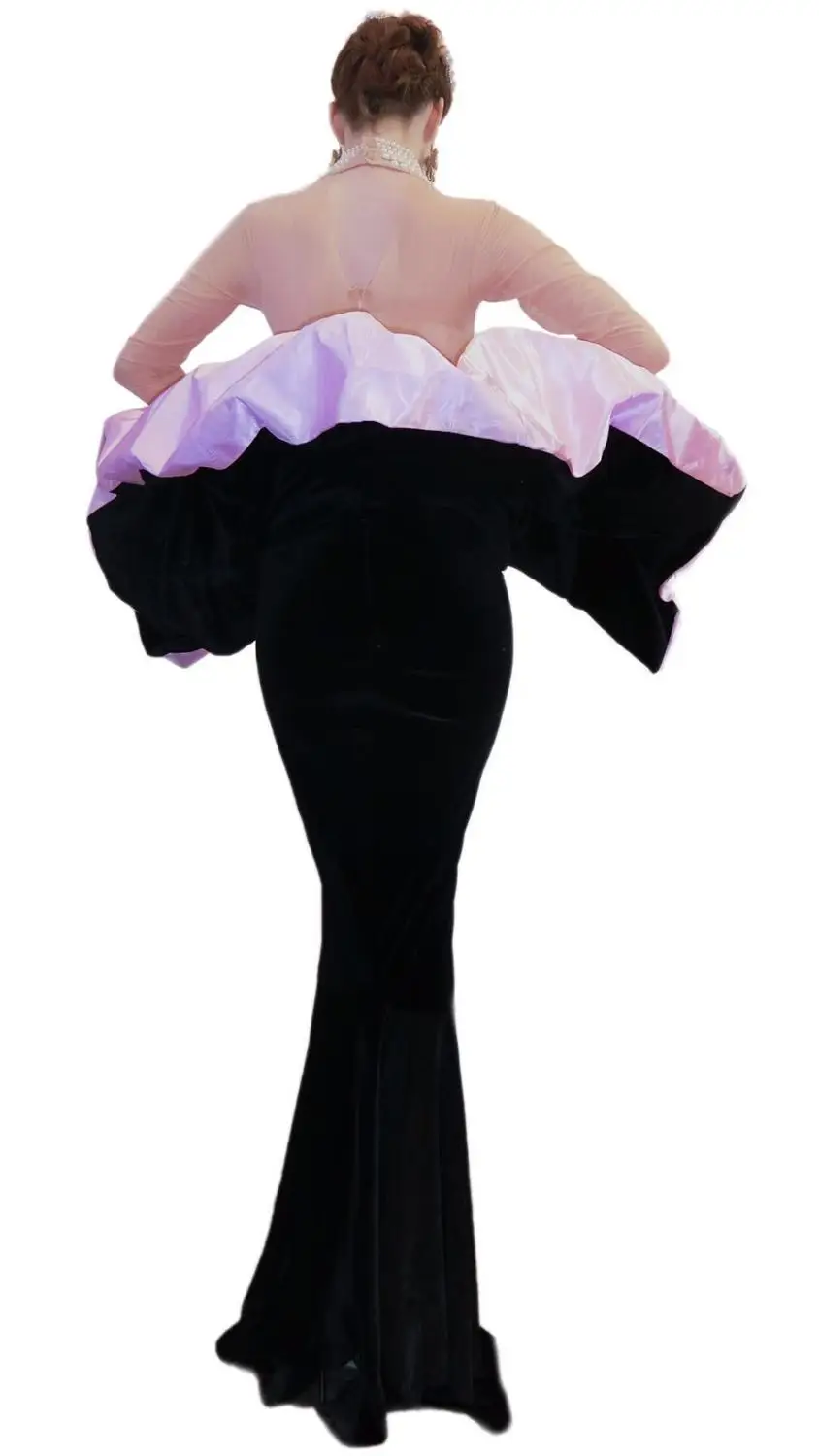 

Mesh Velvet Patchwork Perspective Floor Length Pearl Dress Lady Evening Party Models Catwalk Long Dress Singer Host Dresses