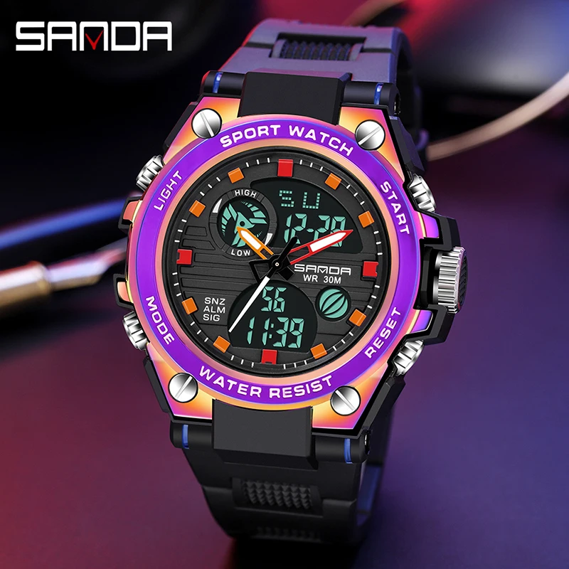 

Часы наручные SANDA Мужские с хронографом, модные многофункциональные спортивные цифровые водонепроницаемые в стиле милитари, со светодиодн...