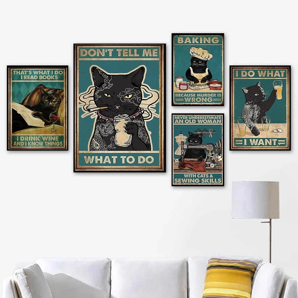 Забавные картинки черных кошек пьют вино печатаются на холсте ретро-картина стены декор для гостиной спальни.