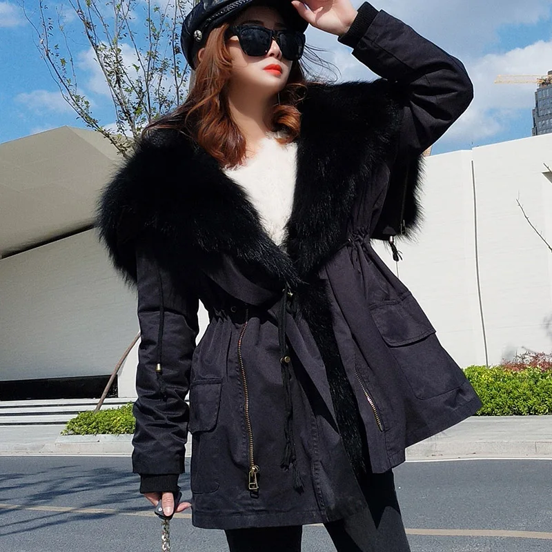 LaVelache real rabbit fur coat women parka large raccoon fur hooded bomber jacket new winter fashion women's luxurious coat