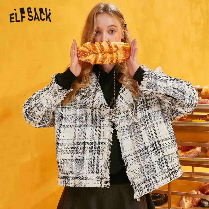 Женское шерстяное пальто ELFSACK клетчатое прямое однобортное с бахромой на