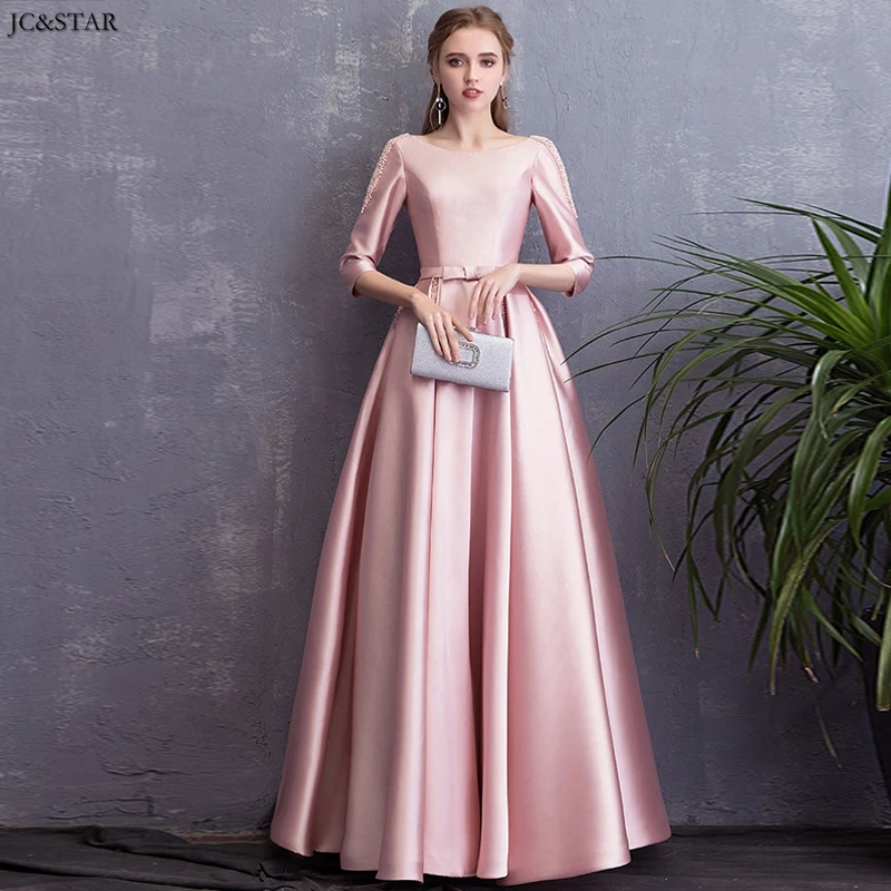 

Vestidos de invitada de boda new satin pearl half sleeve A Line pink bridesmaid dress robe de soiree longue brautjungfernkleid