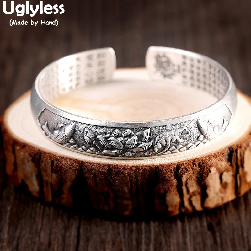 

Uglyless Handmade Fish Pond Lotus Vintage Jewelry for Women 999 Thai Silver 12MM Wide Bangles Heart Sutra Buddhism Dress Bangles