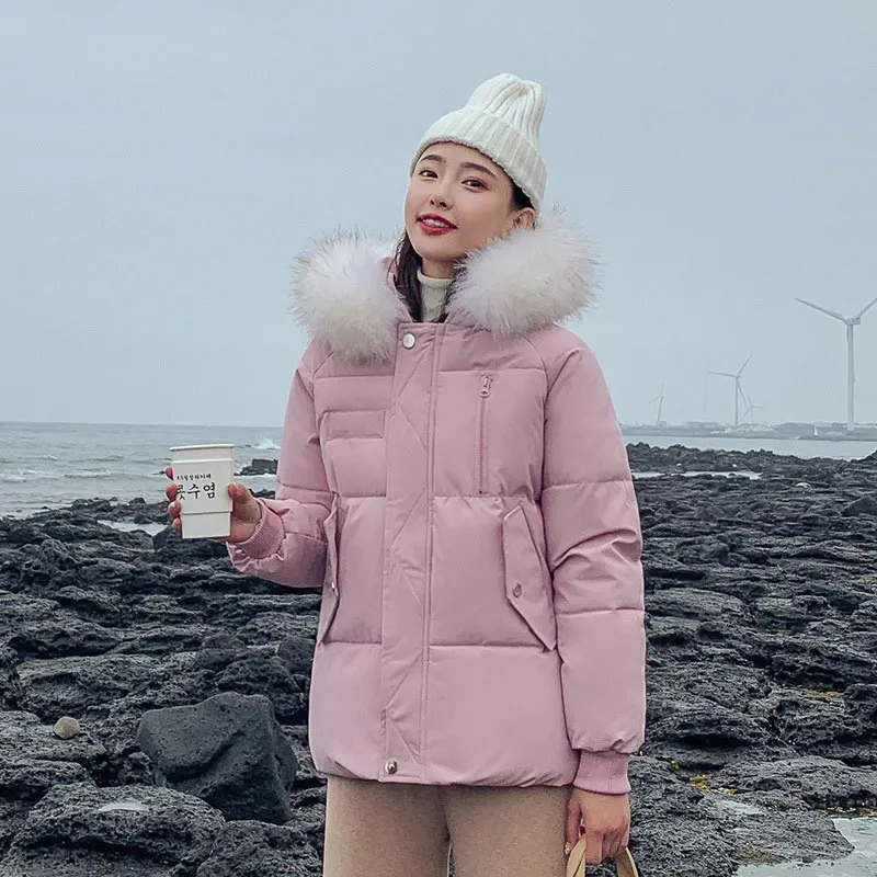 PINK Шикарное короткое меховое пальто с капюшоном для пекарни, зимнее пуховое пальто, тяжелая куртка большого размера, Толстая теплая ватная парка с хлопковой подкладкой - Цвет: PINK