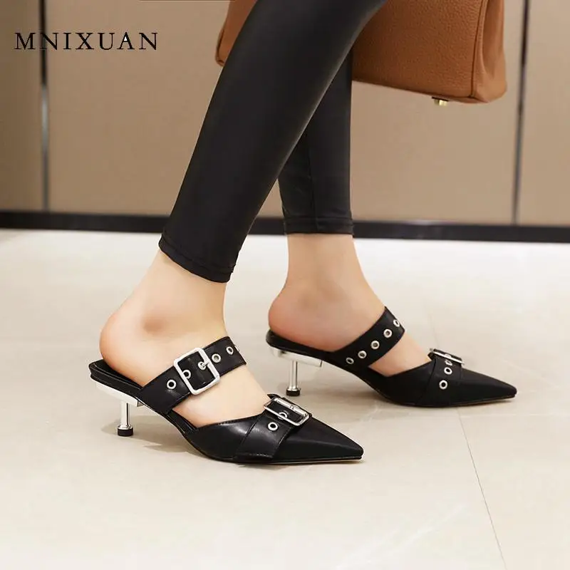 MNIXUAN Classics women mules slippers summer outdoor 2020 new covered pointed toe pumps high heels buckle sandals size 46 | Обувь