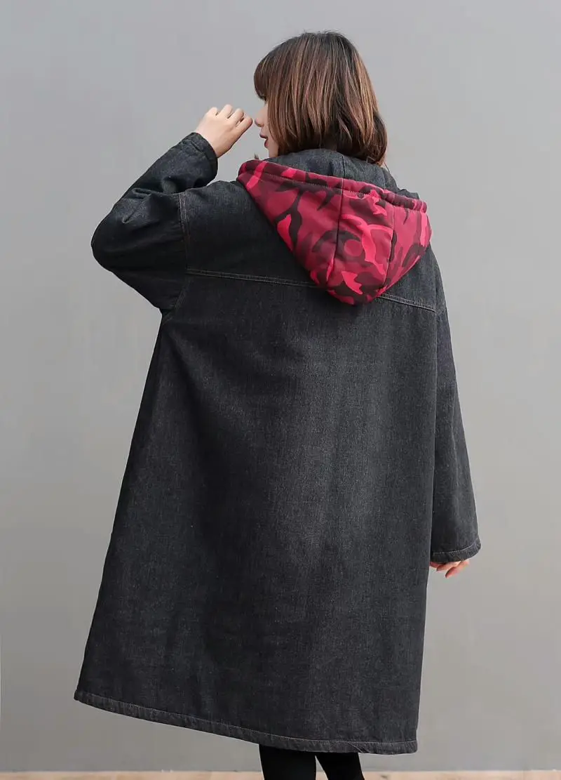 

Autumn and Winter Denim Windbreaker Korean Harajuku Loose Large Size Female Vintage Hooded Patch Pocket Denim Jacket Warm f2536