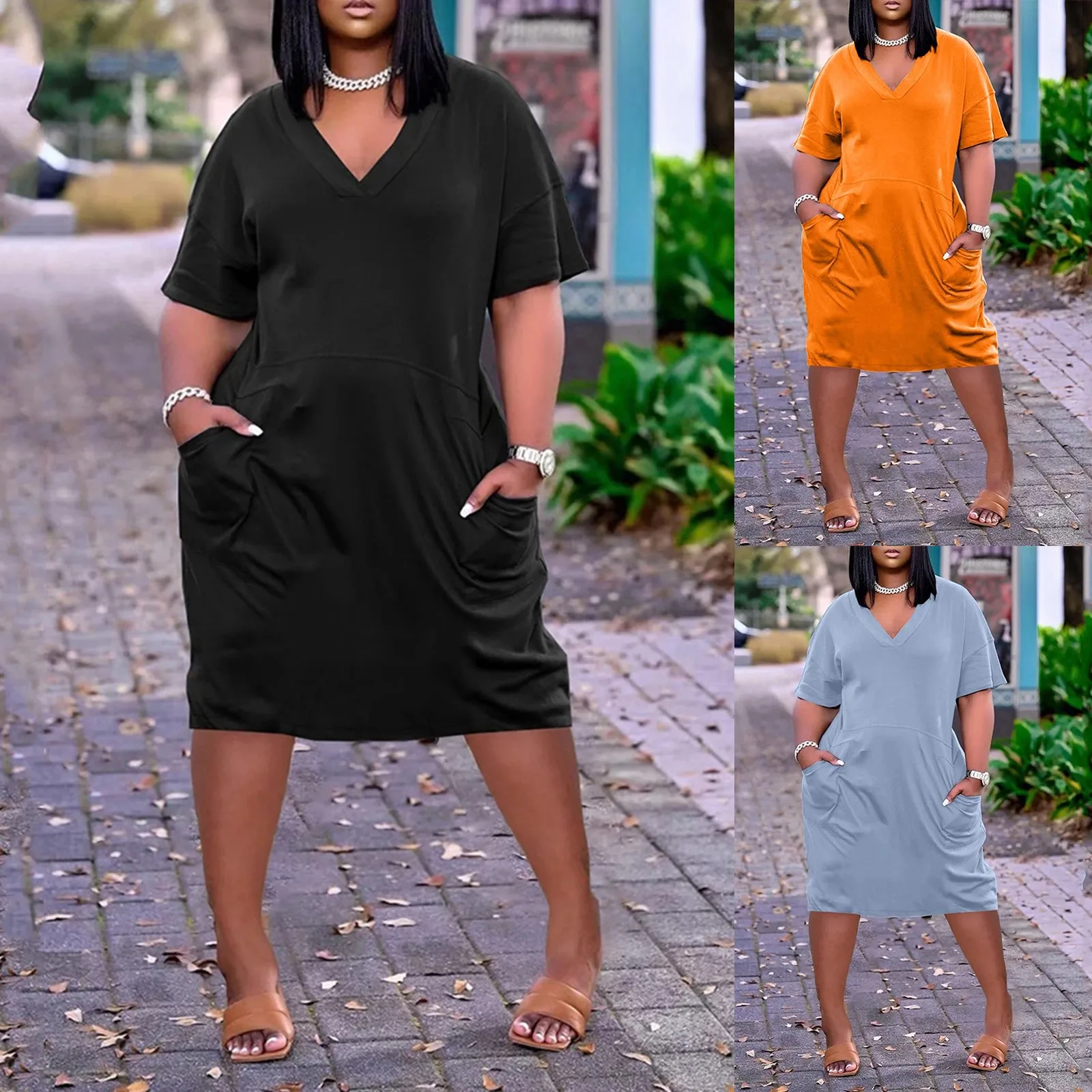 

Solid Color V-neck Dress Women's Fashion Casual Short Sleeve Sundress Strap Open Back Sexy Big Size Dresses Vestidos De Verano#g