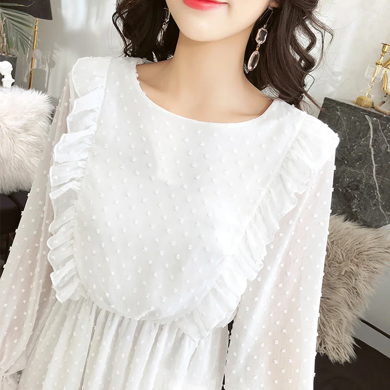 

Ruffle Floral Women White Chiffon Dress Autumn Elastic Waist Flare Long Sleeve Female Midi Vestido Vintage Loose Elegant Dresses