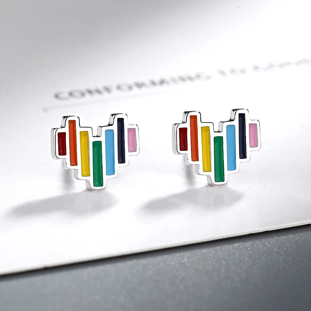 925 Sterling Silver Female Heart Earring Colorful Rainbow Wedding Jewelry Earrings for Women Young Girl