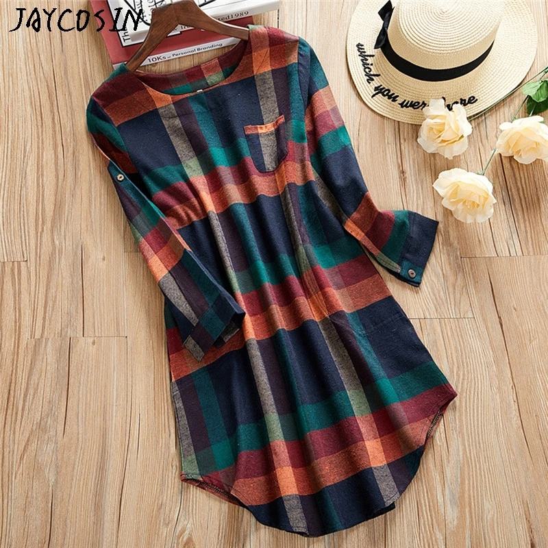 JAYCOSIN New 2019 Pretty Dresses Fashion Women Ladies Plaid Long Sleeve Loose Pocket Swing Vintage Dress Jurk Vestidos Drop 0823 | Женская
