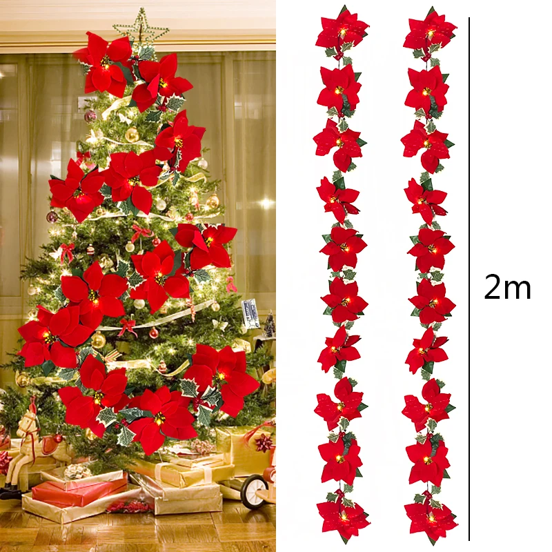 

2M 10 LED Christmas Flower Light String Artificial Poinsettia Garland Decor New Year Home Stairs Fireplace Xmas Tree Ornaments