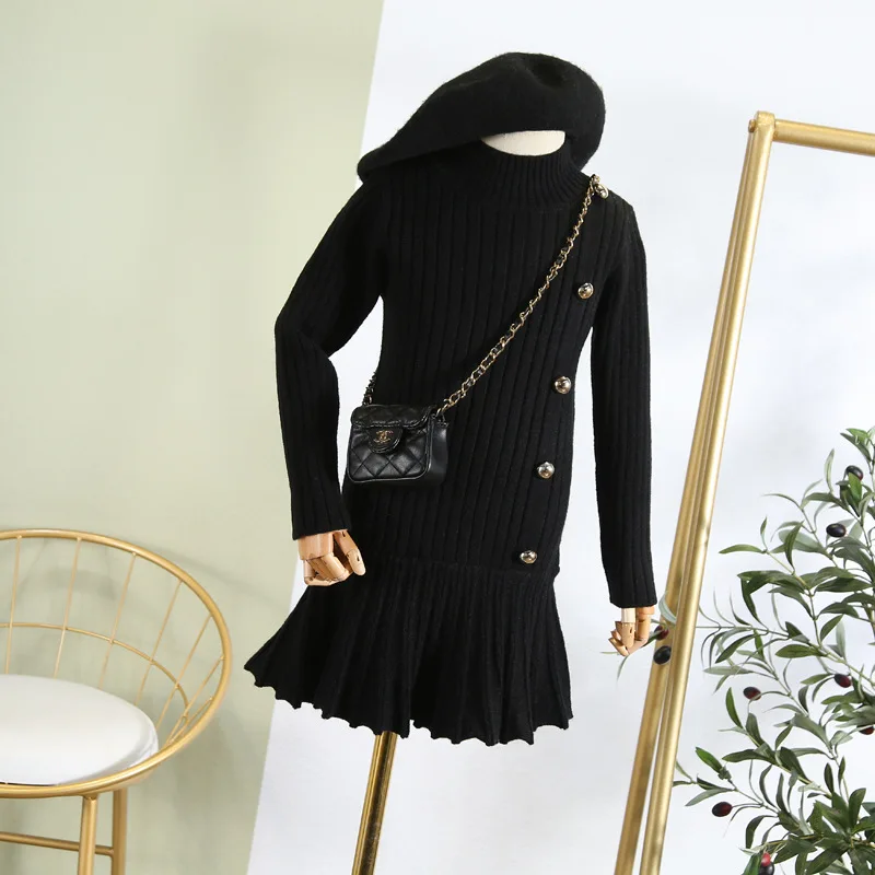 Длинное платье-свитер для девочек Осень-зима 2019 новое однотонное Плиссированное