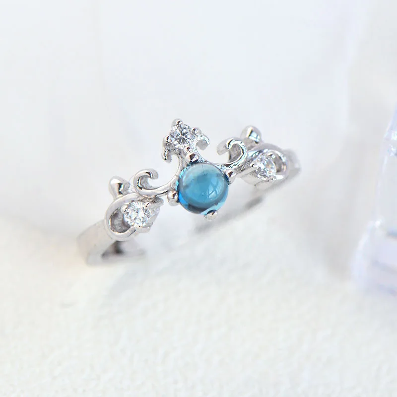 Женское кольцо с Королевской короной Открытое голубым камнем цвета океана