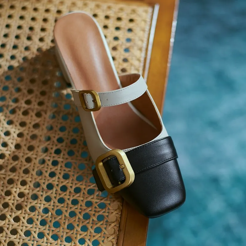 

Design Casual Belt Buckle Slingback Sandals Women Spring Summer Square Toe Chunky Middle Heels Mules Shoes Female Size 32-43 New