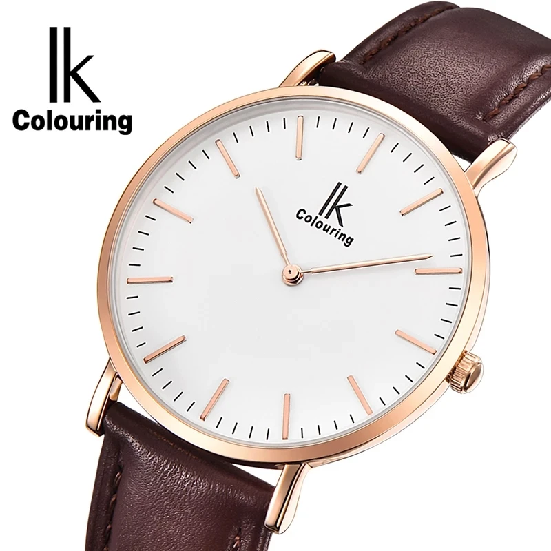 

IK colouring Ultra Thin Minimalist Mens Watches Top Brand Luxury Genuine Leather Strap Fashion Casual Quartz Watch Business Man