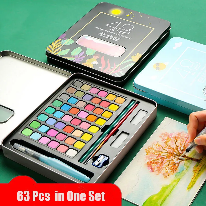 63 Pcs Professional Watercolor Paint Set 48 Colors Painting With Brush Paper Pigment Art Supplies | Канцтовары для офиса и