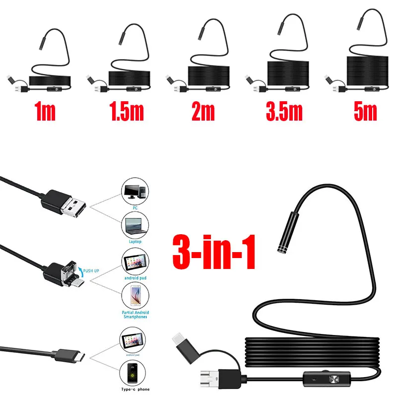 Ручной эндоскоп 3 в 1 5 мм IP67 30 Вт|Бороскопы| |
