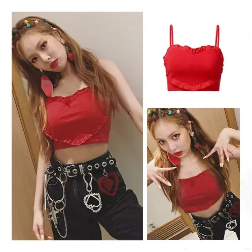 Kpop 4Minute Kim Hyun A same summer fashion красное Персиковое сердце укороченный топ сладкий Слинг женский корейский Уличная Сексуальная обрезанная майка Топы