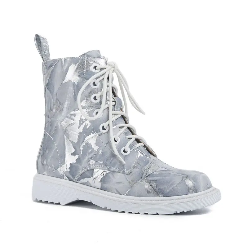 ZVQ cow leather ankle boots winter autumn plush silver red white Punk camouflage pattern cool girl women's flats shoes