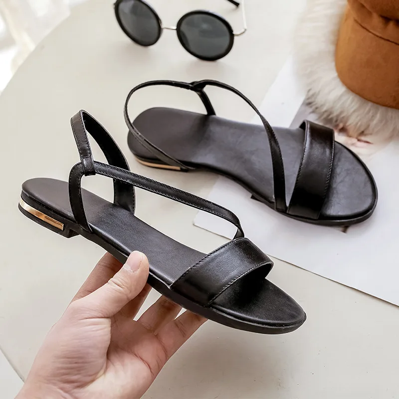 

2021 Summer Sandals Straps Female Shoe All-Match Fashion Girls New Beige Elastic Band Flat Comfort Basic PU Scandals Slip-On La