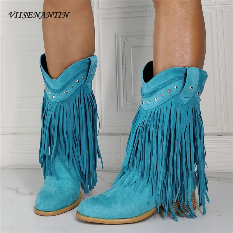 

Autumn New Round Head Square Heel Blue Fringed Rivet Decorated Low-heeled Ankle Boots Fashion Retro Wild Western Cowboy Boots