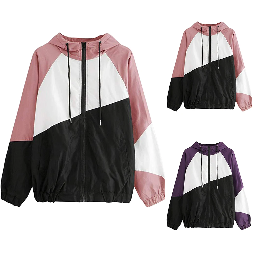 Женская тонкая ветровка с капюшоном и длинным рукавом в стиле пэчворк