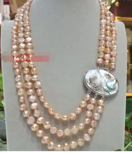 

natural 3Rows 8-9mm Australian south sea gold pink pearl necklace beauty shell flower clasp 17"-20"