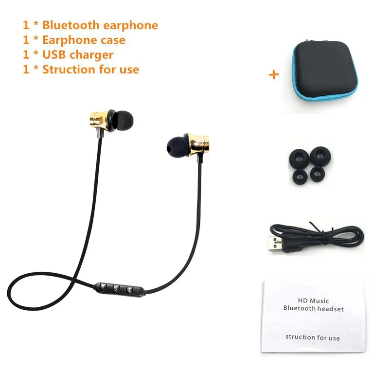 Gold add case Металлические спортивные беспроводные наушники, bluetooth-наушники с защитой от пота, магнитные наушники, стереогарнитура для мобильного телефона - Цвет: Gold add case