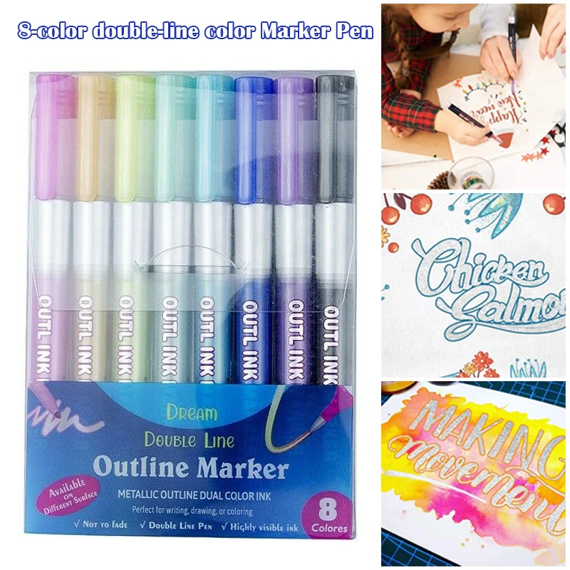 

8 Colors Metallic Double Lines Doodle Art Drawing Markers Outline Pen Set Durable Odorless EM88