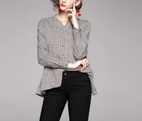 new women v neck plaid blouse tops sexy fashion vintage chic ol slim irregular dovetail long sleeve shirt blouses elegant