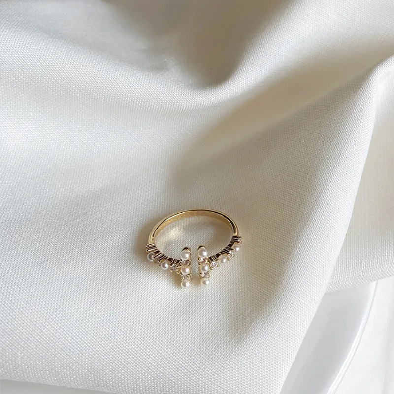 Vintage Simulated Pearl Zircon Geometric Rings Gold Metal Opening for Women Girls Wedding Party Vacation Jewelry Gifts | Украшения и