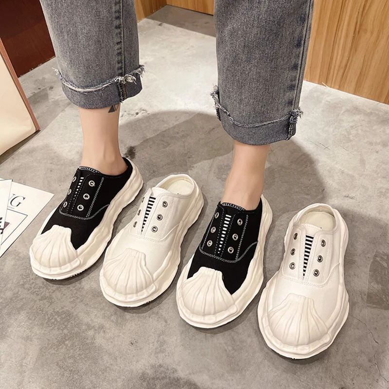 

Slippers Casual Cover Toe Female Shoes Platform Med Slides Luxury 2021 Soft Flat Rubber PU Fabric Canvas Cotton Slippers Casual