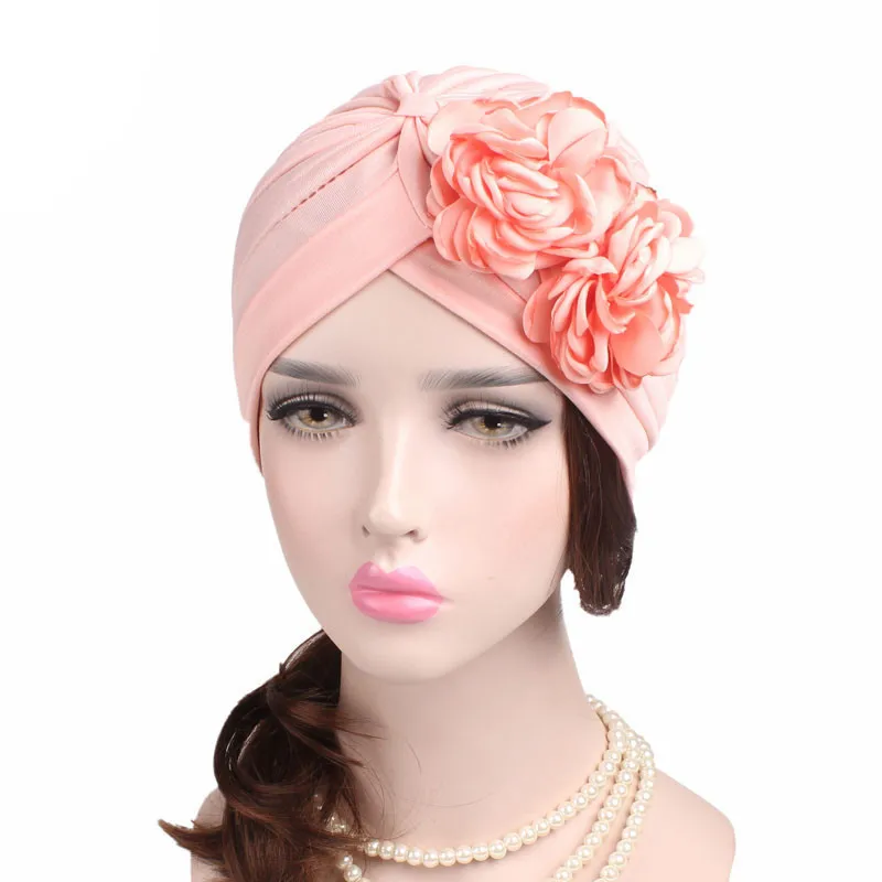 

Latest Handmade Double Flower Cancer Chemo Beanie Turban Hats Women Headbands Turbante All Match Apparel Accessories for Girls