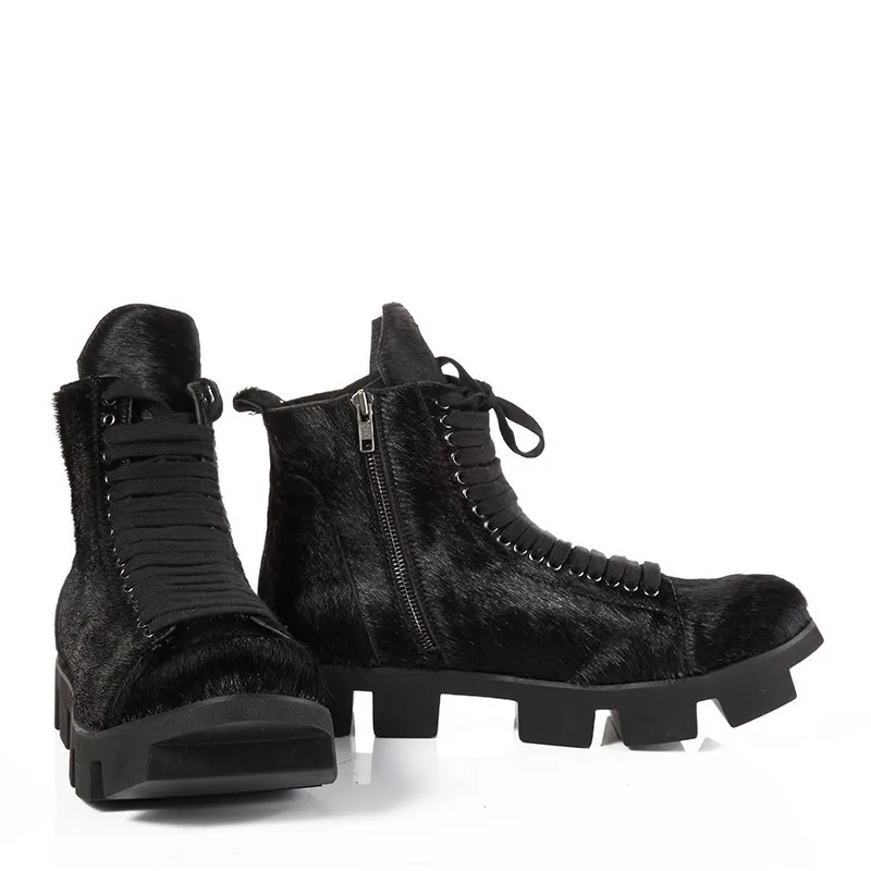 High Street Winter Thick Bottom Genuine Leather Mens Snow Boots Horse Hair Fur Lace Up Zip Vintage Ankle Calzado Hombre | Обувь