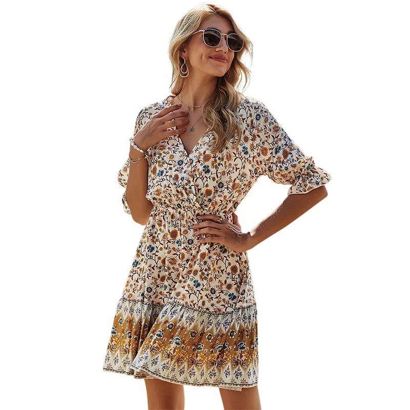 

Gezelligheid Dresses For Women 2021 New Fashion Summer V-Neck Ruffle Mid Long Sleeve Bohemian Casual Sexy Slim Lady Beach Dress