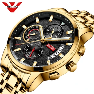 Часы наручные NIBOSI Мужские кварцевые, Брендовые спортивные стальные водонепроницаемые золотистые, в стиле милитари, 2022