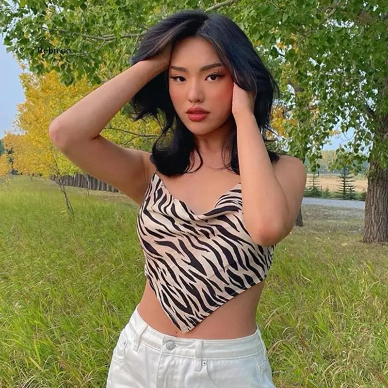 

Майка женская с принтом зебры, модный топ без рукавов, с открытой спиной, халтер, пикантная клувечерние няя одежда в стиле Харадзюку, на лето