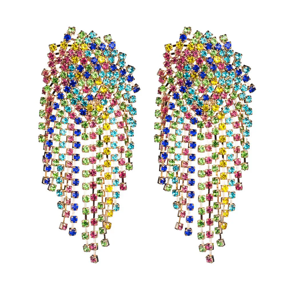 

Wgoud Personality Long Multi Colored Rainbow Rhinestone Crystal Tassel Drop Earring New Korea Women Party Wedding Jewelry Gift