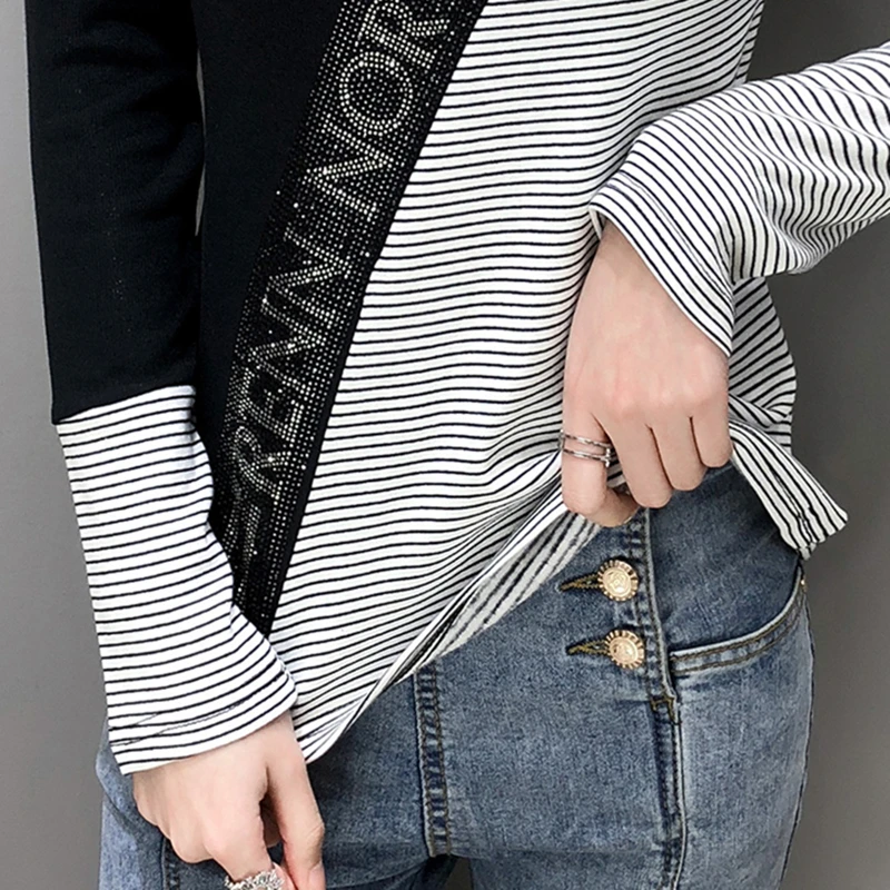 

Fall Winter European Clothes T-Shirt Chic Striped Color Blocking Shiny Diamonds Tops Ropa Mujer With Fleece Cotton Tees T00015A