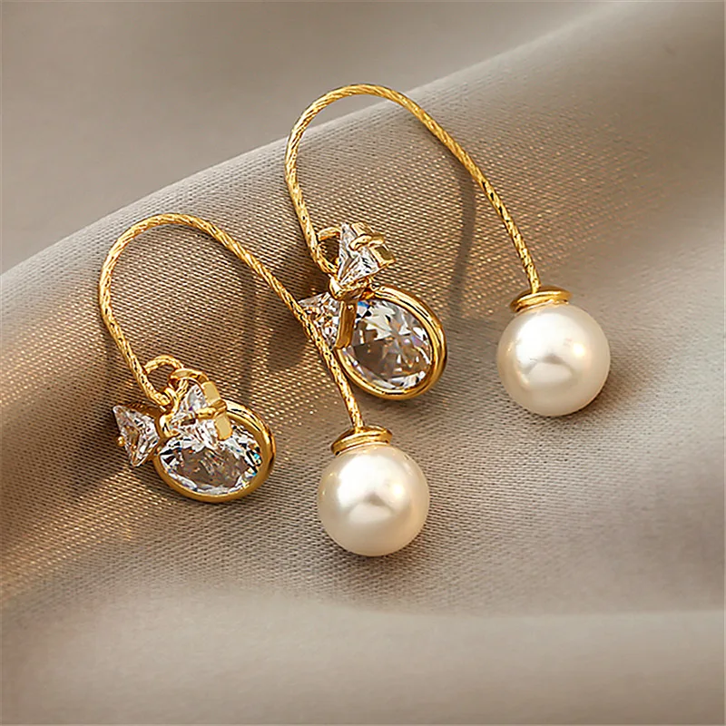 

Women Jewelry AAA Zircon Earrings Delicate Design Vintage Temperament Simulated Pearl Drop Earrings For Girl Lady Gifts