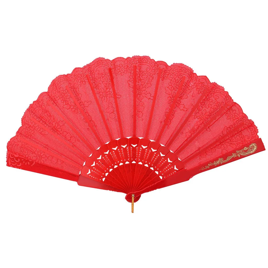 

Chinese style bronzing fan folding fan Dance Wedding Party Lace Silk Folding Hand Held Flower Fan White for performance