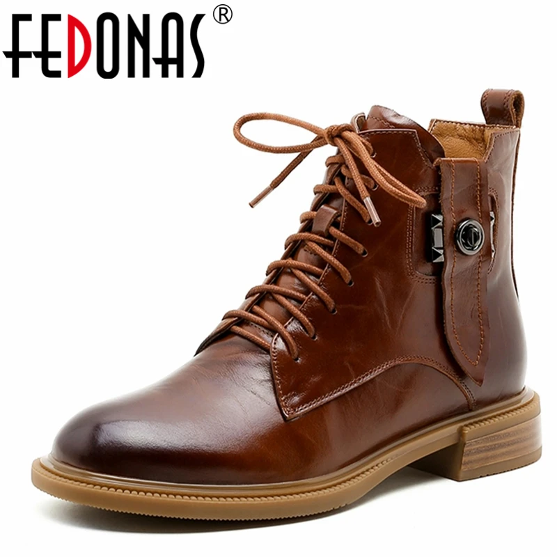 

FEDONAS Autumn Winter Women Ankle Boots Retro Genuine Leather Low Heels Fashion New Cross-Tied Working Casual Zipper Shoes Woman