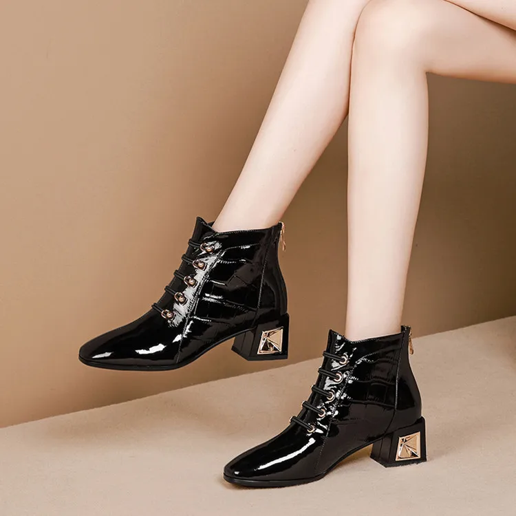 

MLJUESE 2020 women ankle boots cow leather square toe winter short plush lace up square heel women boots size 34-42