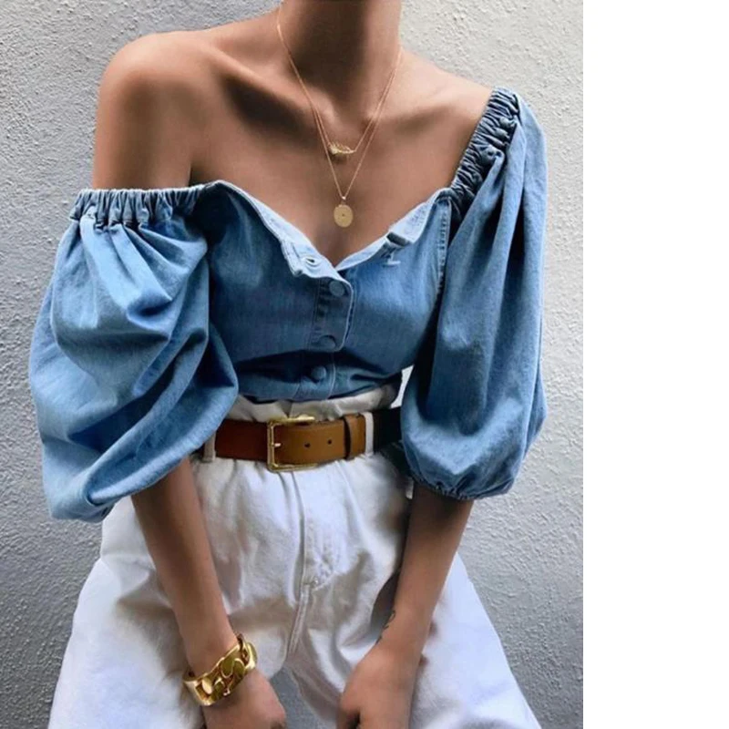 2019 Женская Сексуальная джинсовая с открытыми плечами блузка фонарь длинным
