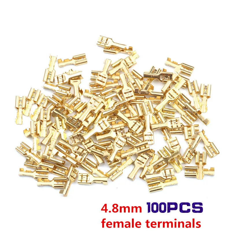 100 4.8mm Female 200/100 шт Женский обжимных клемм соединитель 2,8/4,8/6,3 мм золотистыми латунными зубцами автомобиля Динамик электрические соединители проводов Набор креплений диаметром 22-16 AWG - Цвет: 100 4.8mm Female