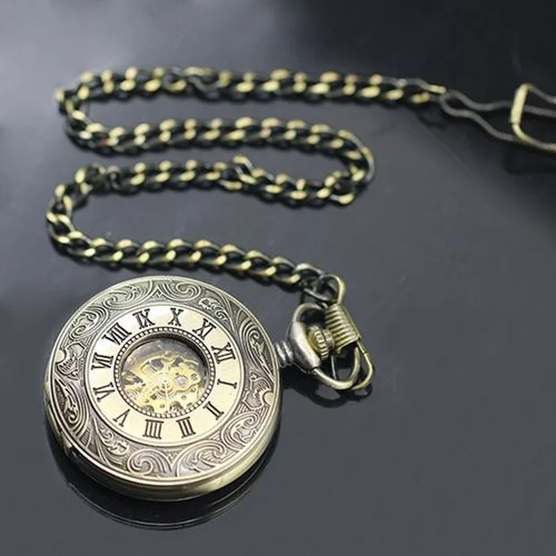 

Unisex Vintage Hollow Carved Roman Numerals Case Mechanical Pockets Watch Gift Roman Numerals Quartz Necklace Pockets