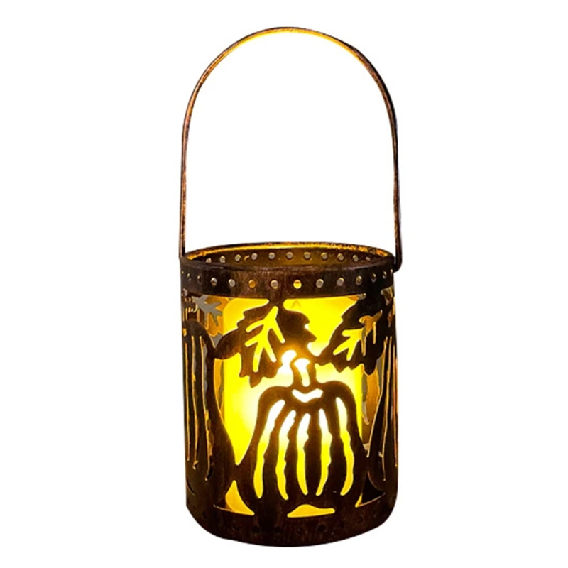 

Wrought Iron Candle Holder Handicraft Retro Hollow Lantern Basket Lanterns Candle Holder Halloween Style for Home Garden